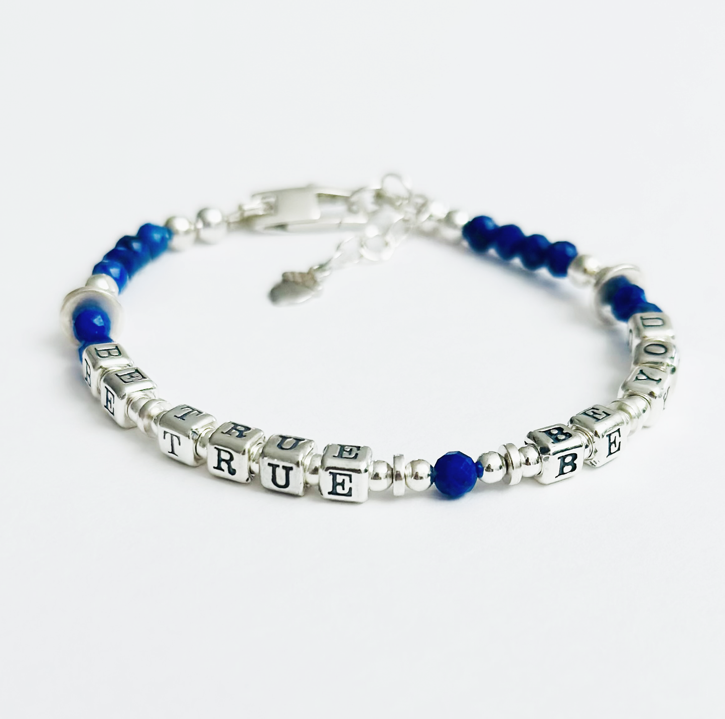 Be True, Be You Sterling Silver Bracelet with blue lapis lazuli gemstones and acorn charm