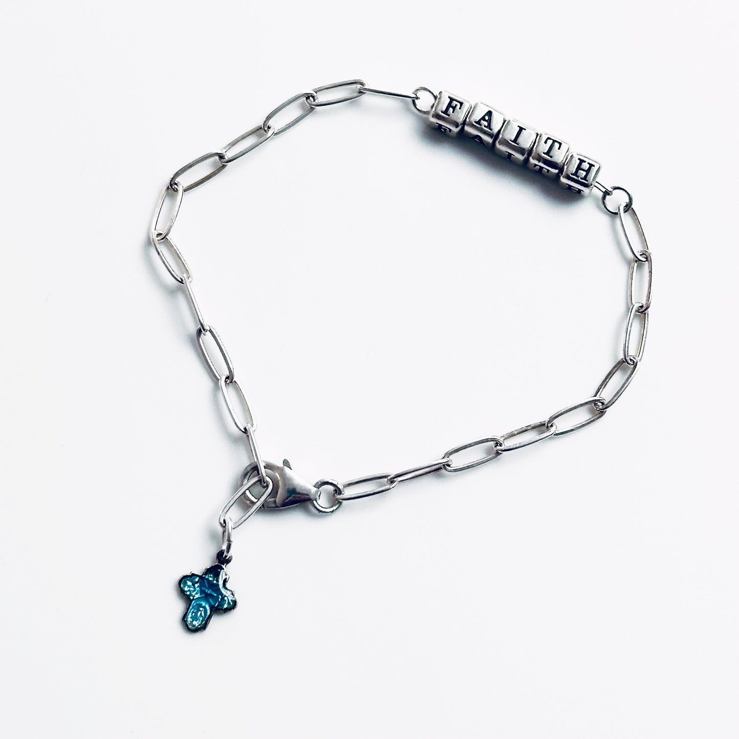 Delicate Faith Bracelet in Sterling Silver and vintage sterling and enamel cross charm