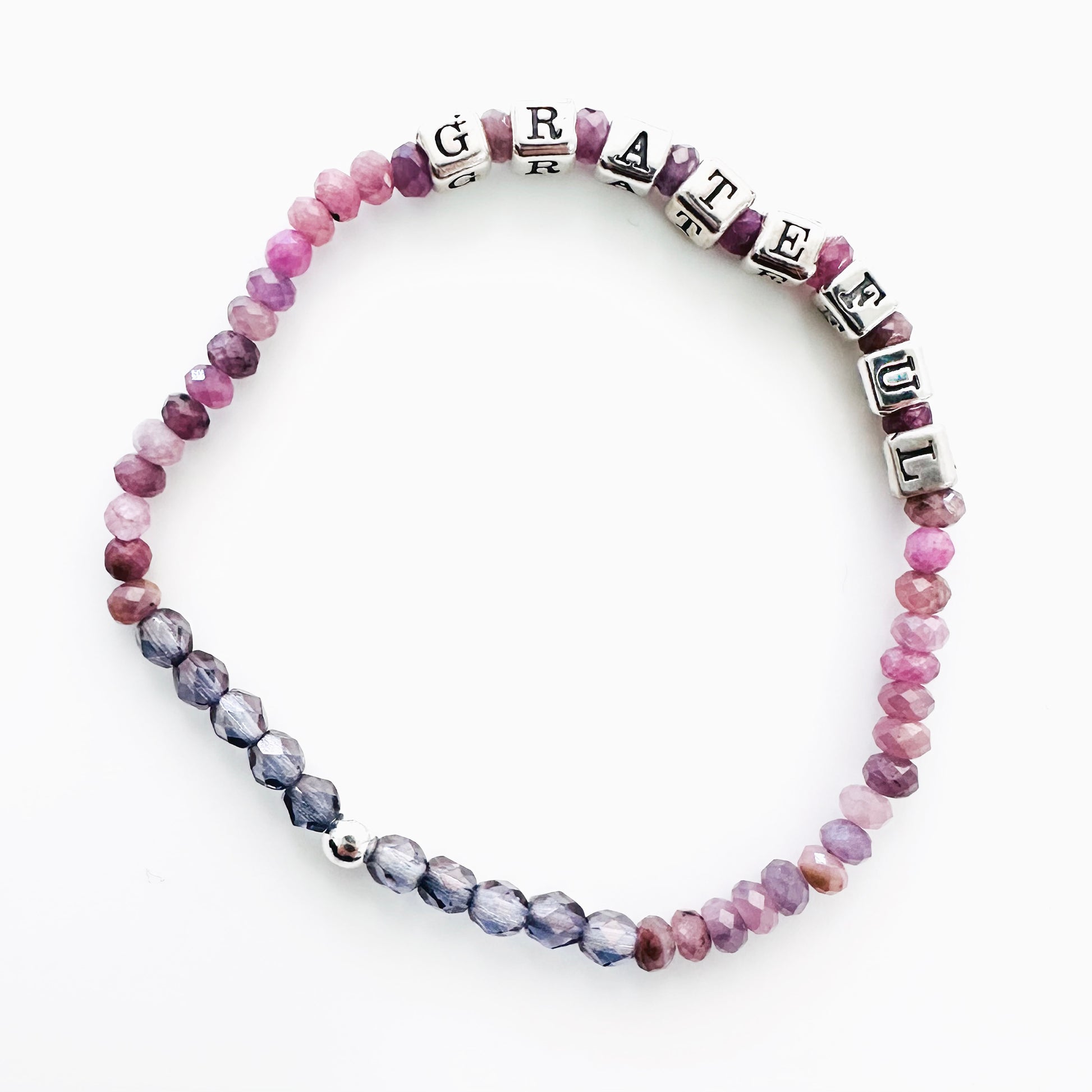 I am Grateful sterling silver and ruby stretch bracelet for thank you and appreciation gift