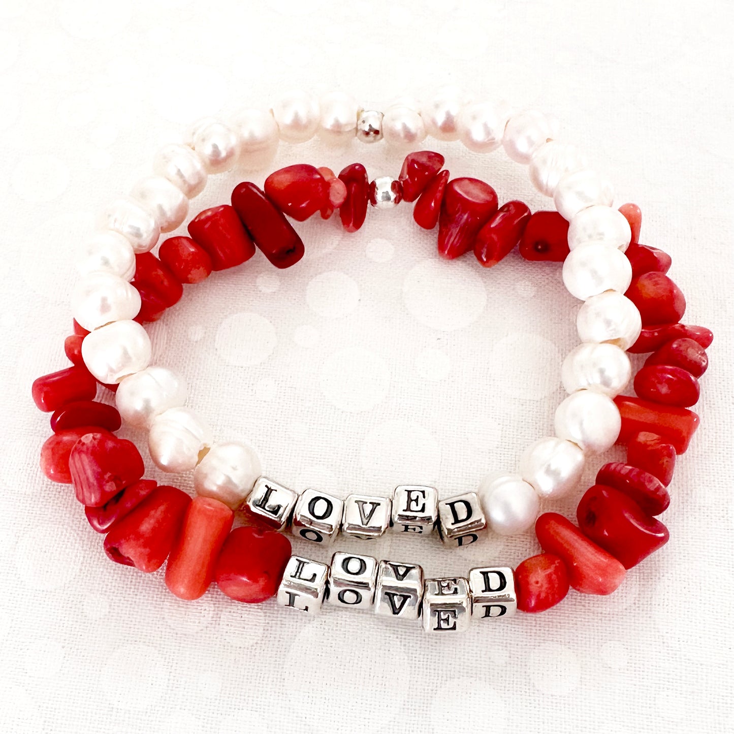 You are Loved Gift Bracelets in Sterling silver, pearls and red coral, for Valentines, Long Distance, Going Away, Mother's Day, Anniversary