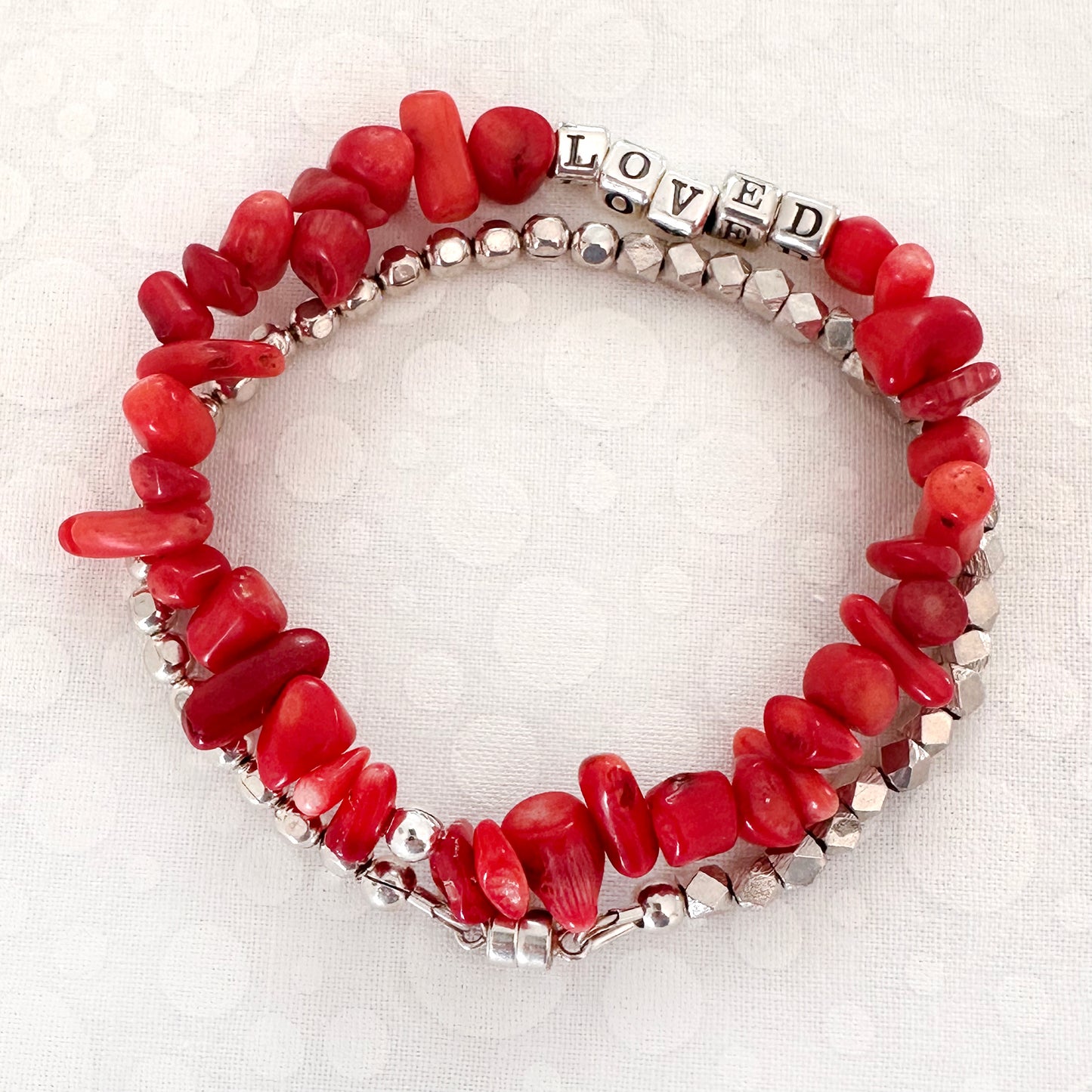 Red Love Stretch Bracelet in Sterling Silver and Coral Beads for Valentines or Mothers Day
