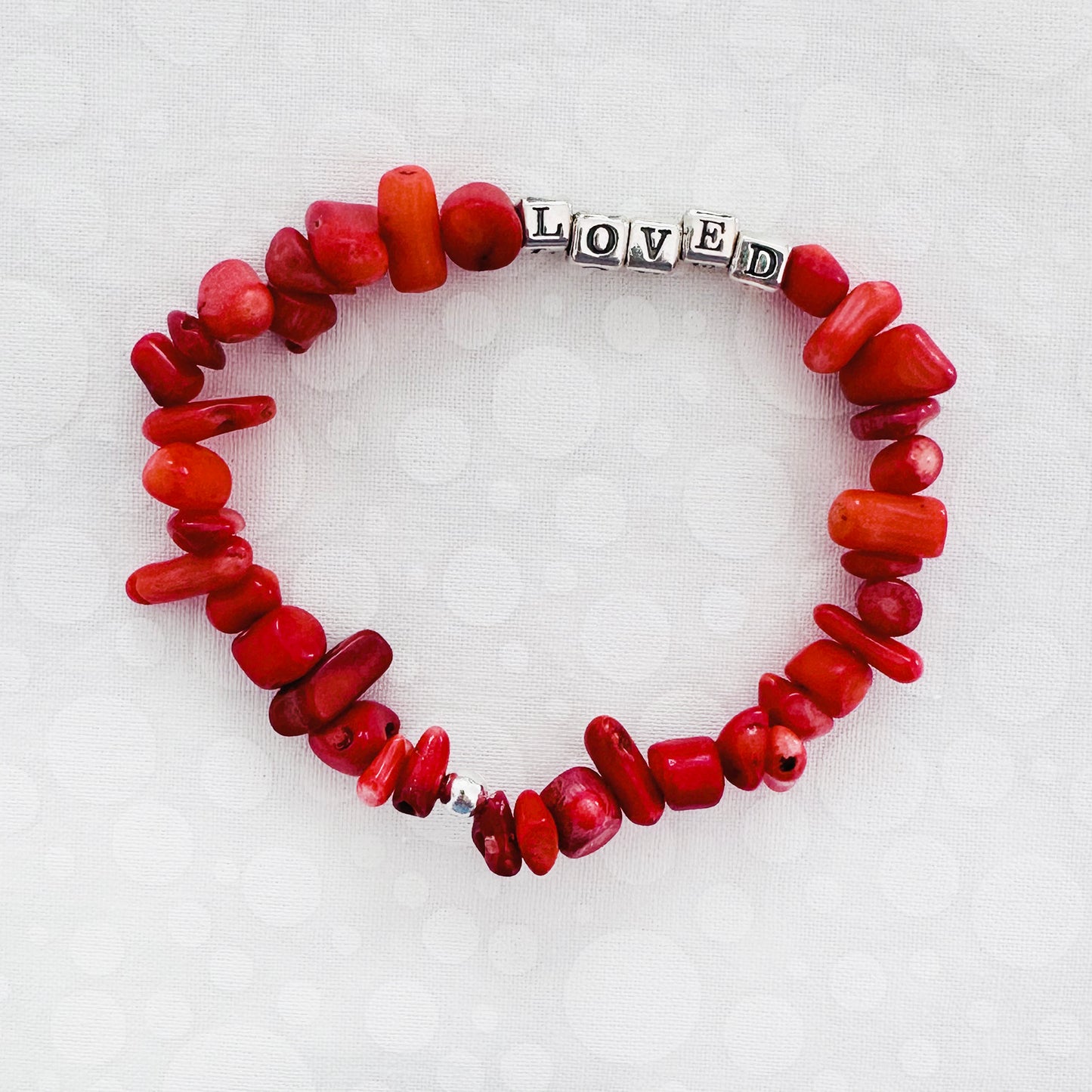 Red Valentines Love Bracelet in sterling silver and coral beads