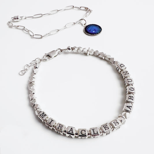 Sterling Silver Miracles Gift Bracelet for hope, healing, congratulations, positive thinking spells out MIRACLES ABOUND