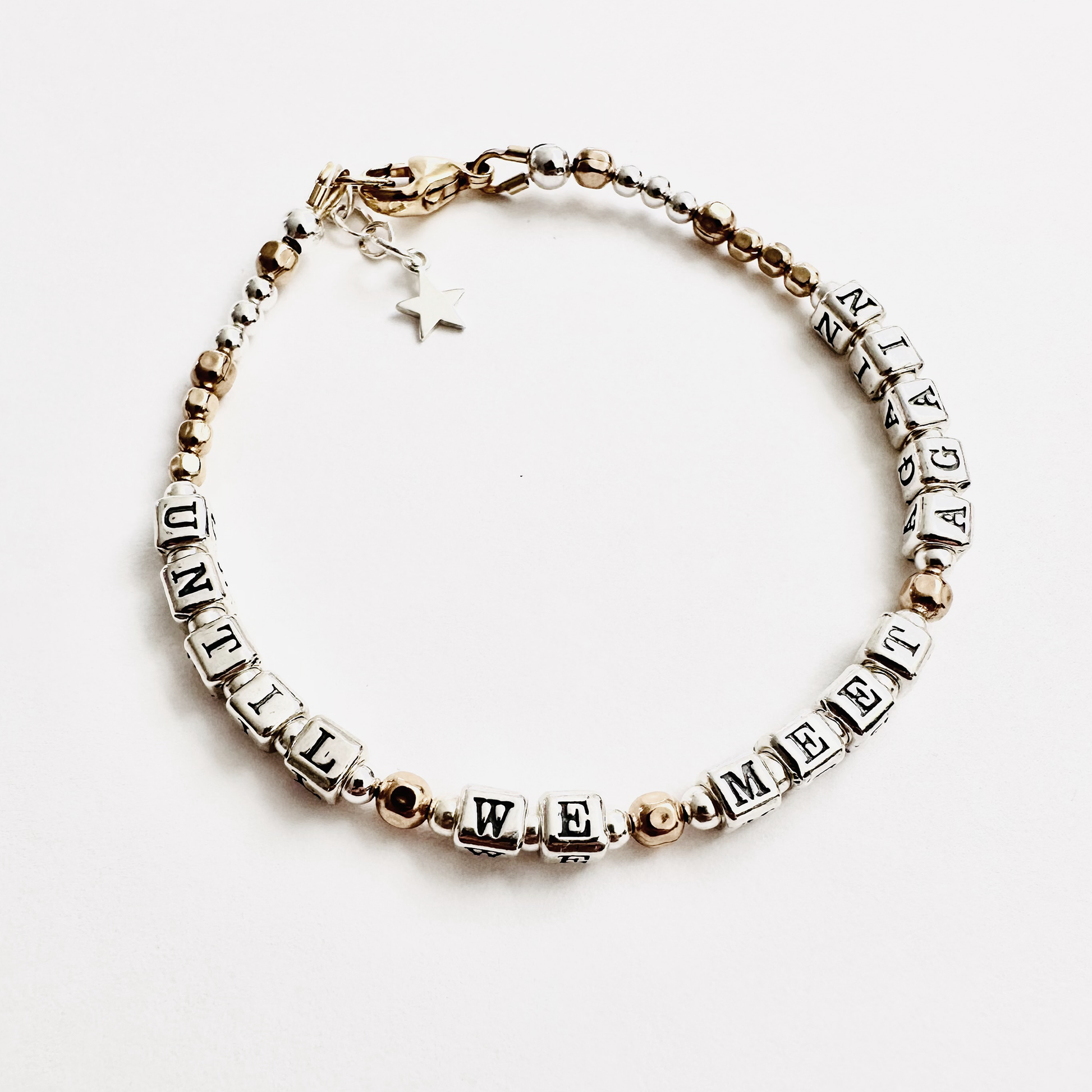 Grief Sympathy  Memorial Gift Bracelet says "Until We Meet Again" in sterling silver and gold