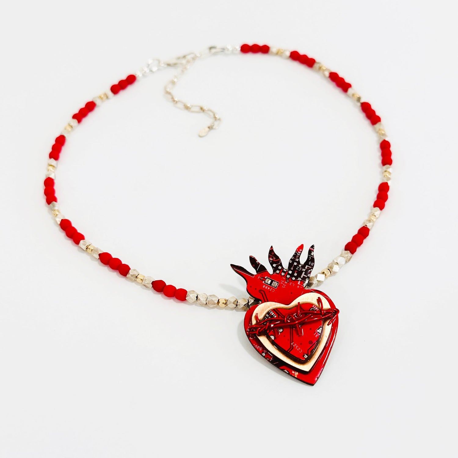 Red Flaming heart beaded necklace with upcycled circuit board pendant