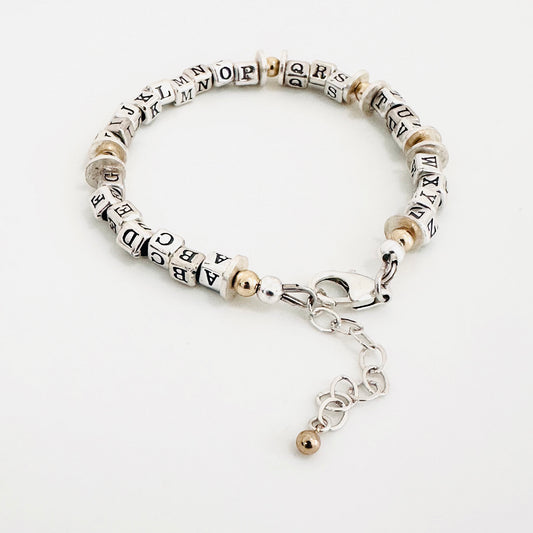 Push Gift Bracelet for New Mom in sterling silver and gold with Alphabet Letters