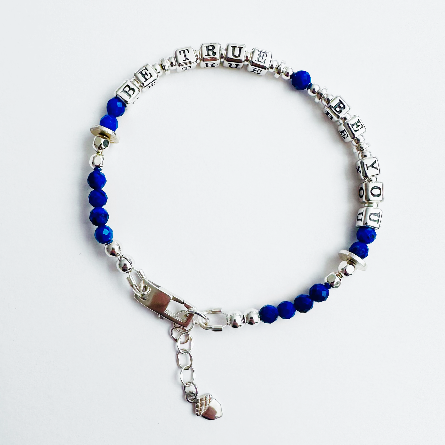Be True, Be You Sterling Silver Bracelet with blue lapis lazuli gemstones and acorn charm