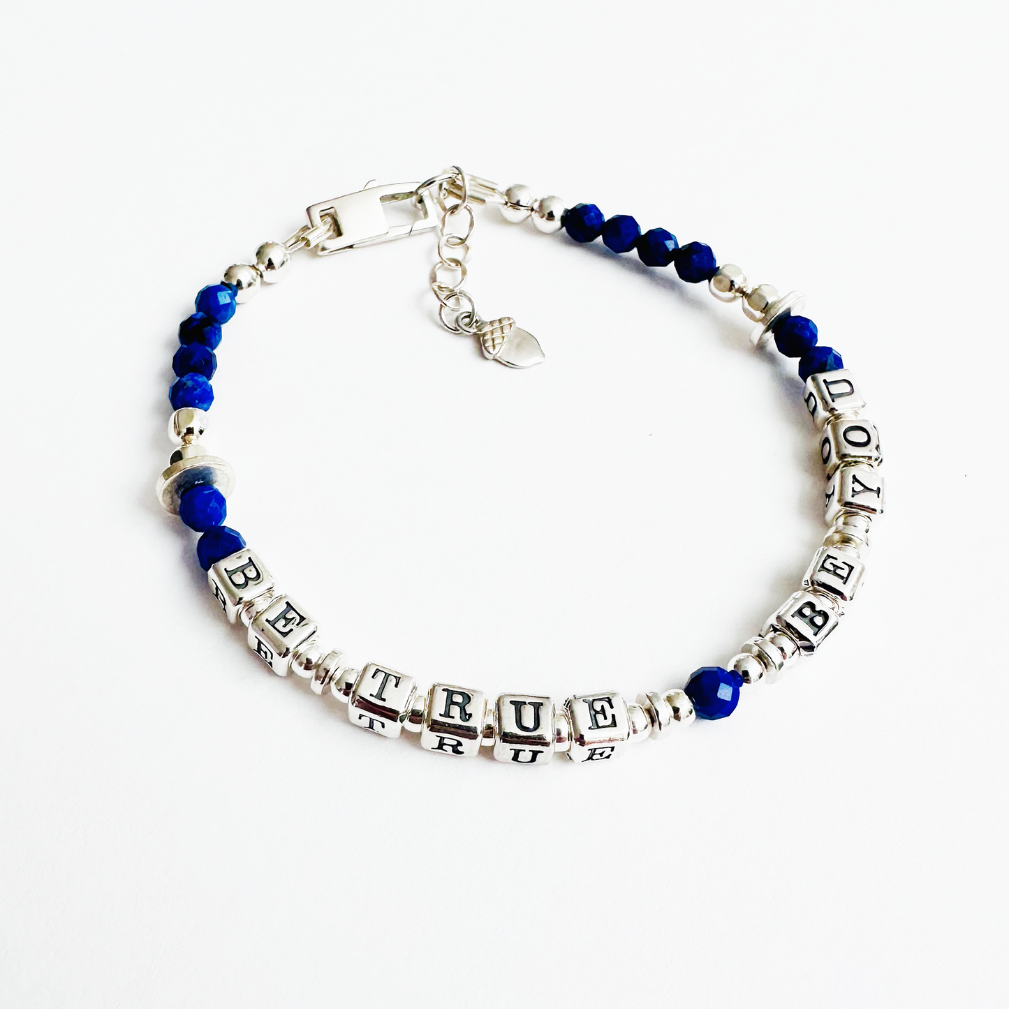 Be True, Be You Sterling Silver Bracelet with blue lapis lazuli gemstones and acorn charm