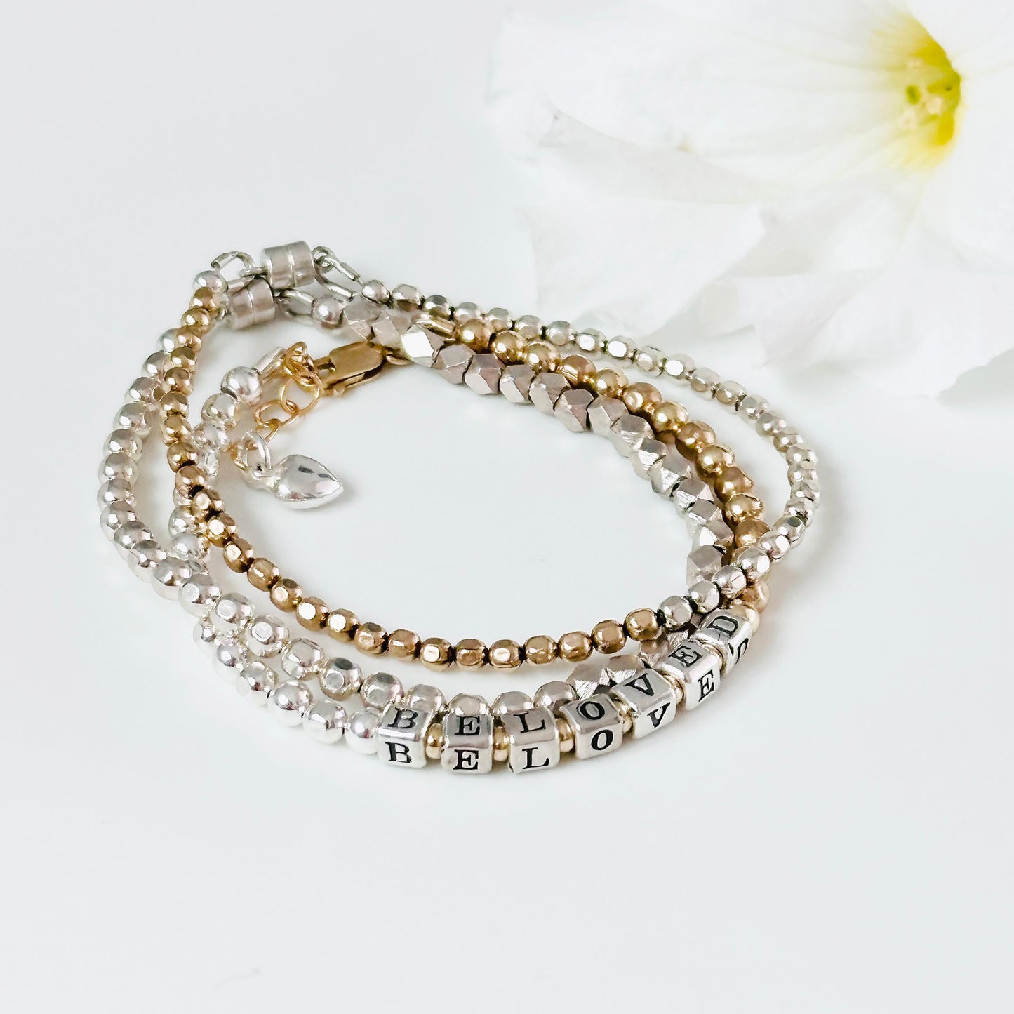 Beloved Mother's Day Bracelet in sterling silver and 14K gold beads  with beaded stacking bracelets in sterling silver and 14k gold
