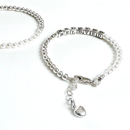 Beloved Loved  Mother's Day Bracelet in sterling silver and pearls and heart charm
