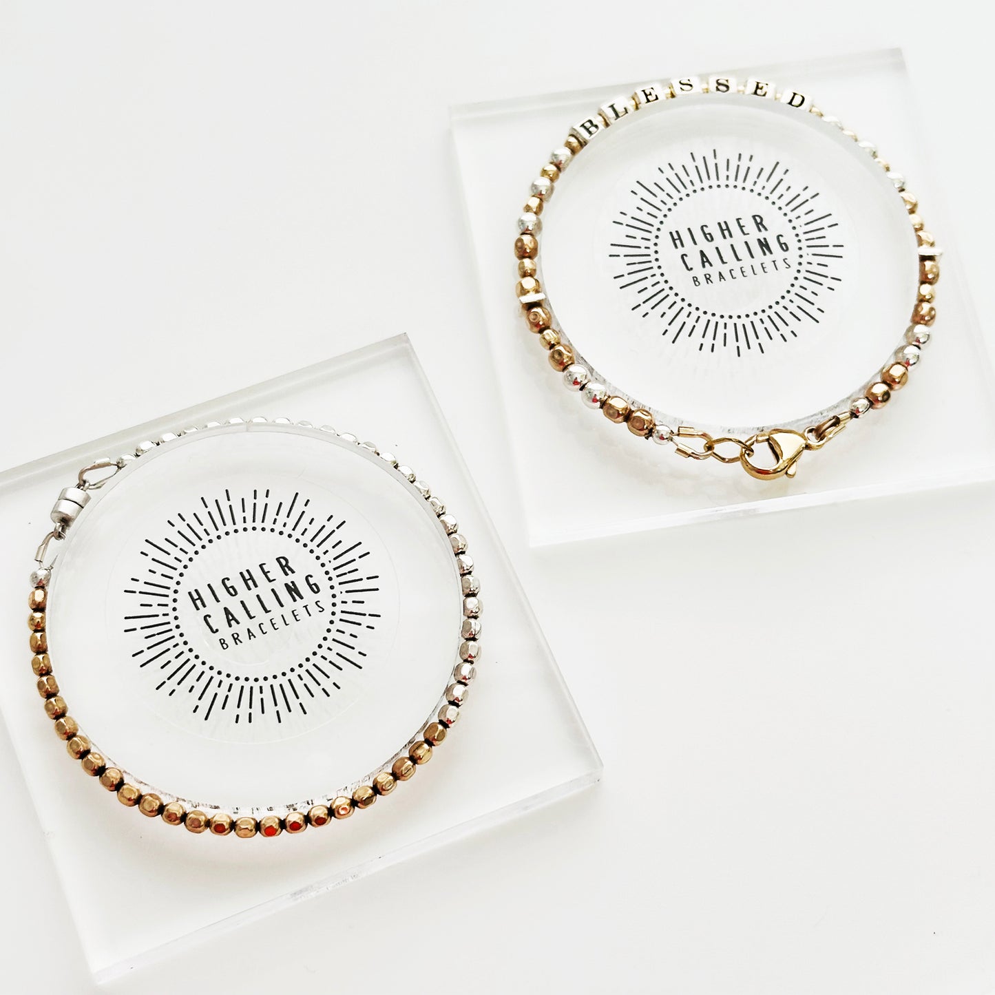 Blessed Engraved Gift Bracelet in gold and silver by Higher Calling Bracelets, shown in packaging