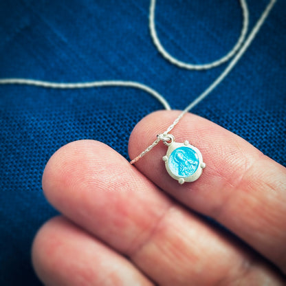 Delicate Sacred Heart Jesus Necklace in Sterling Silver and Blue