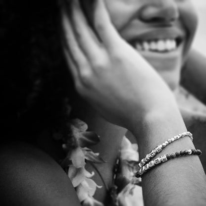 Higher Calling Bracelets sterling silver engraved message bracelet shown on model