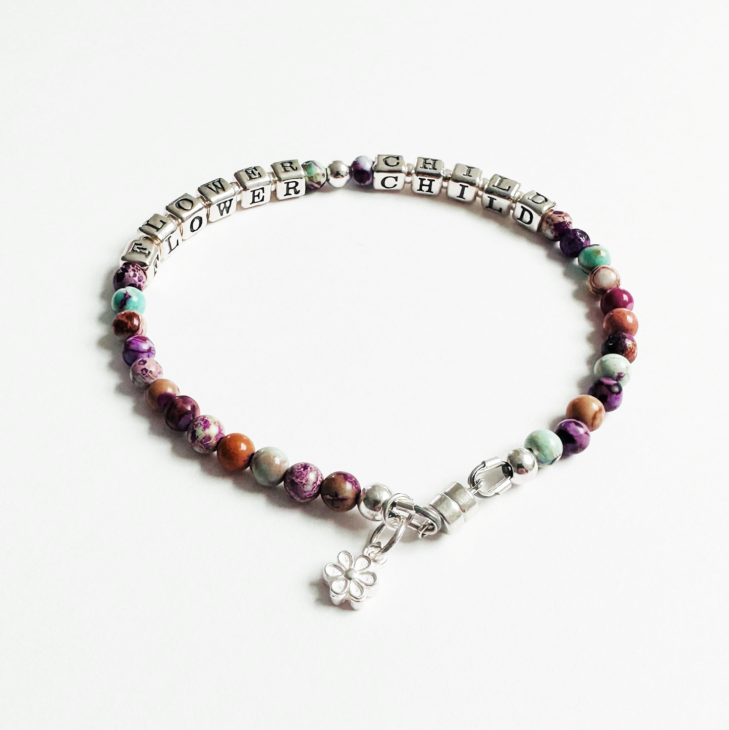Boho Flower Child Bracelet in sterling silver and rainbow colored beads