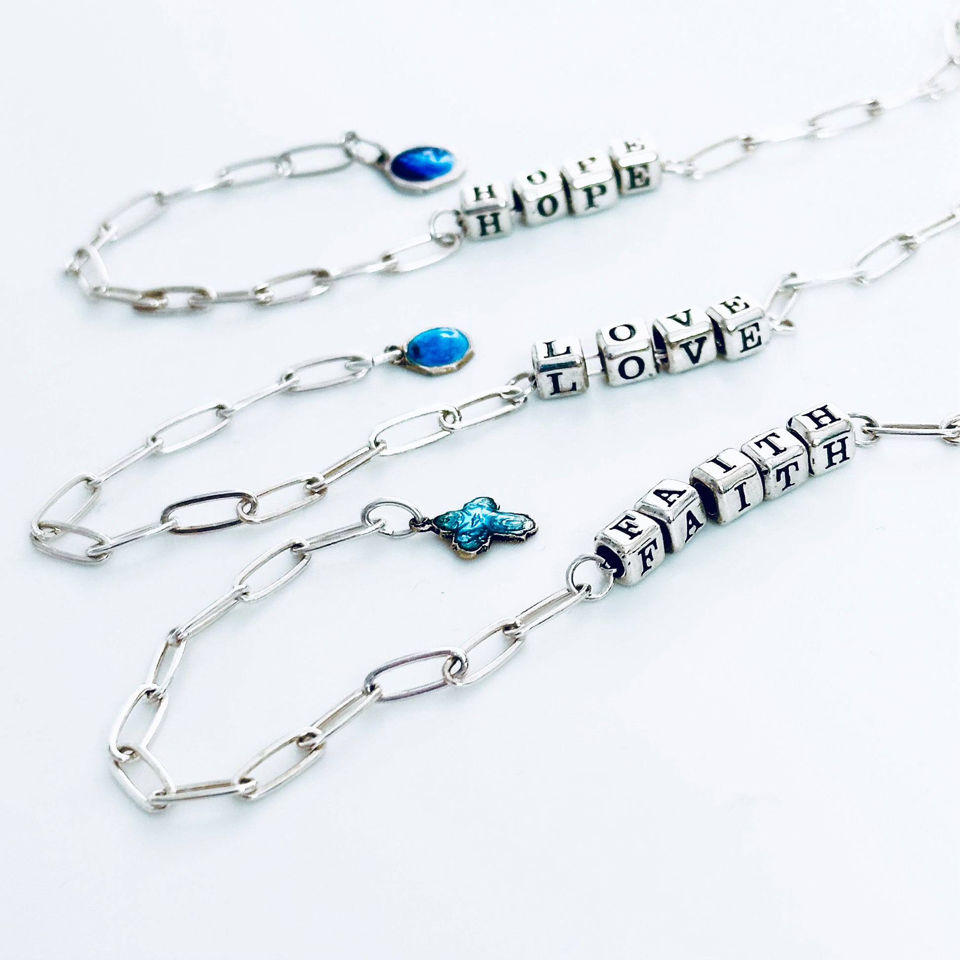 Delicate Hope Love Faith Sterling Silver Gift Bracelets with vintage French blue enamel religious charms