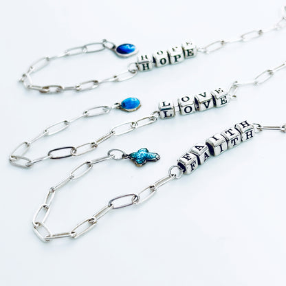 Delicate Hope Love Faith Sterling Silver Gift Bracelets with vintage French blue enamel religious charms