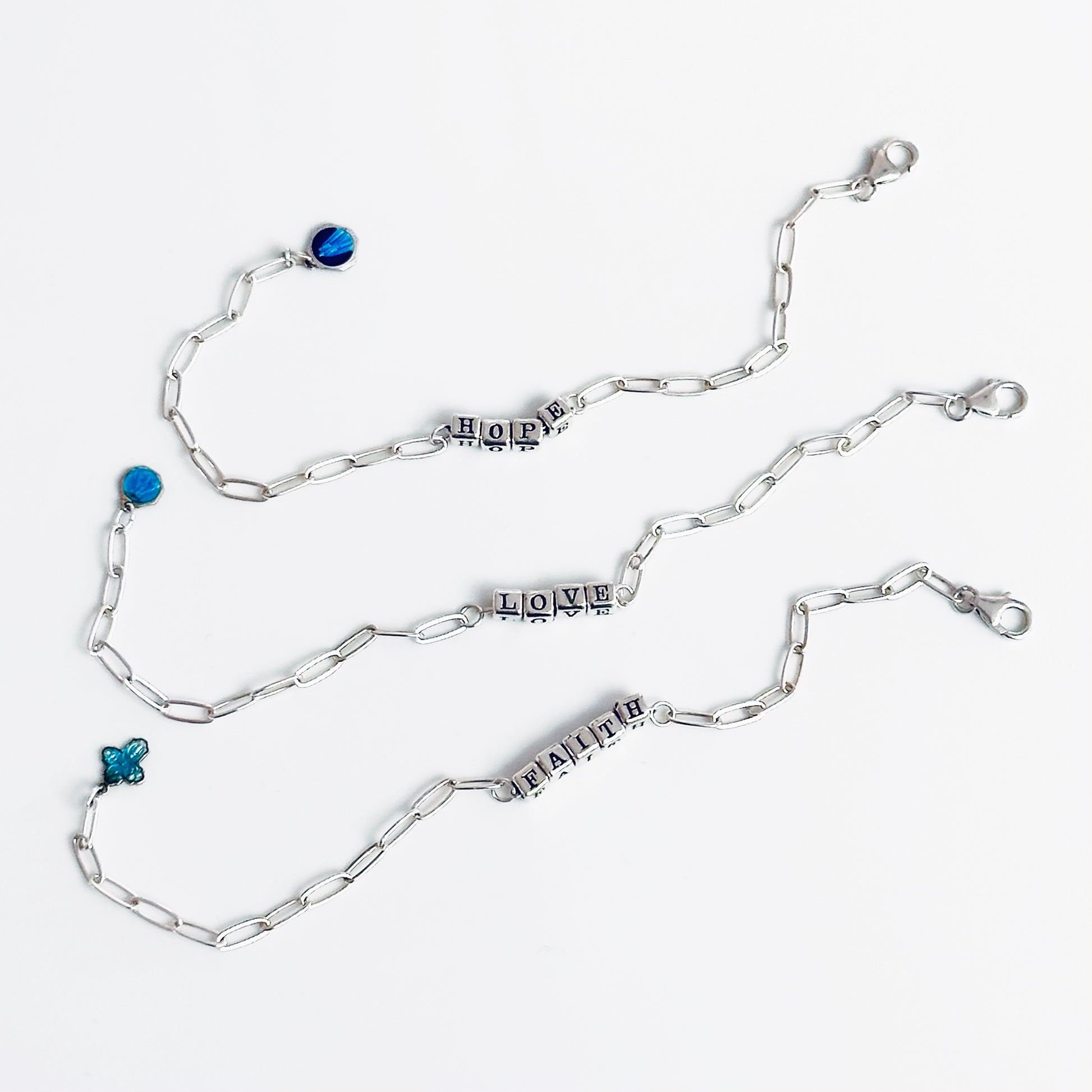 Delicate sterling silver Faith Hope Love message gift bracelets with vintage blue charms