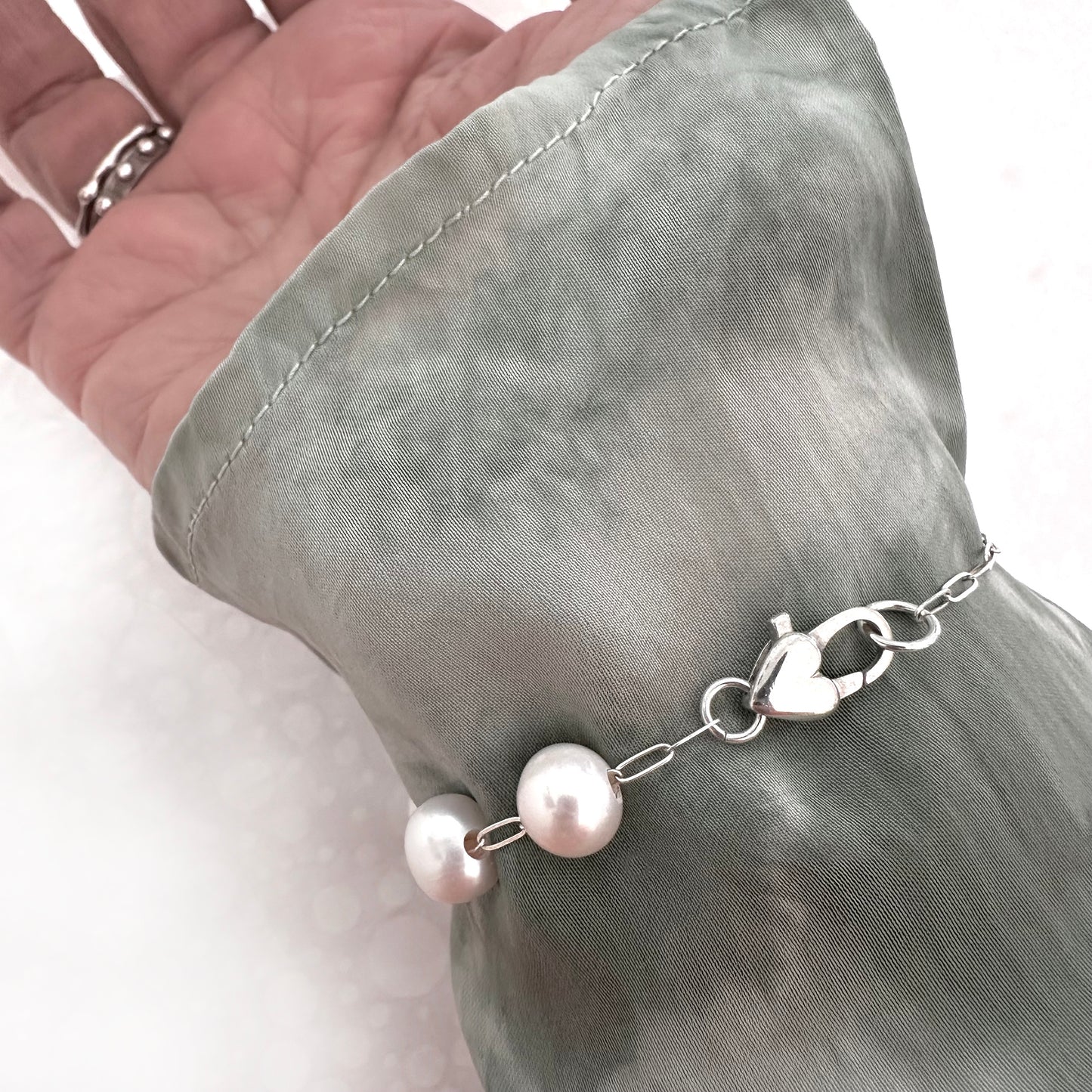 Love Pearl Bracelet, floating pearls on sterling silver chain with heart clasp