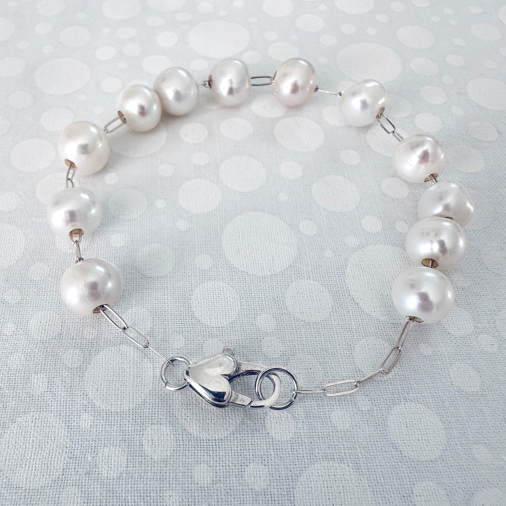 Love Pearl Bracelet, floating pearls on sterling silver chain with heart clasp