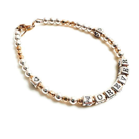 FOREVER Love Friendship or Memorial Gift Bracelet in Sterling Silver and 14k gold beads