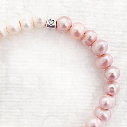 Heart Bracelet for  Valentines and love gift in sterling silver, Pink and white pearls