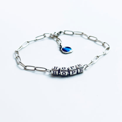 Delicate sterling silver Hope message gift bracelet with vintage blue charm