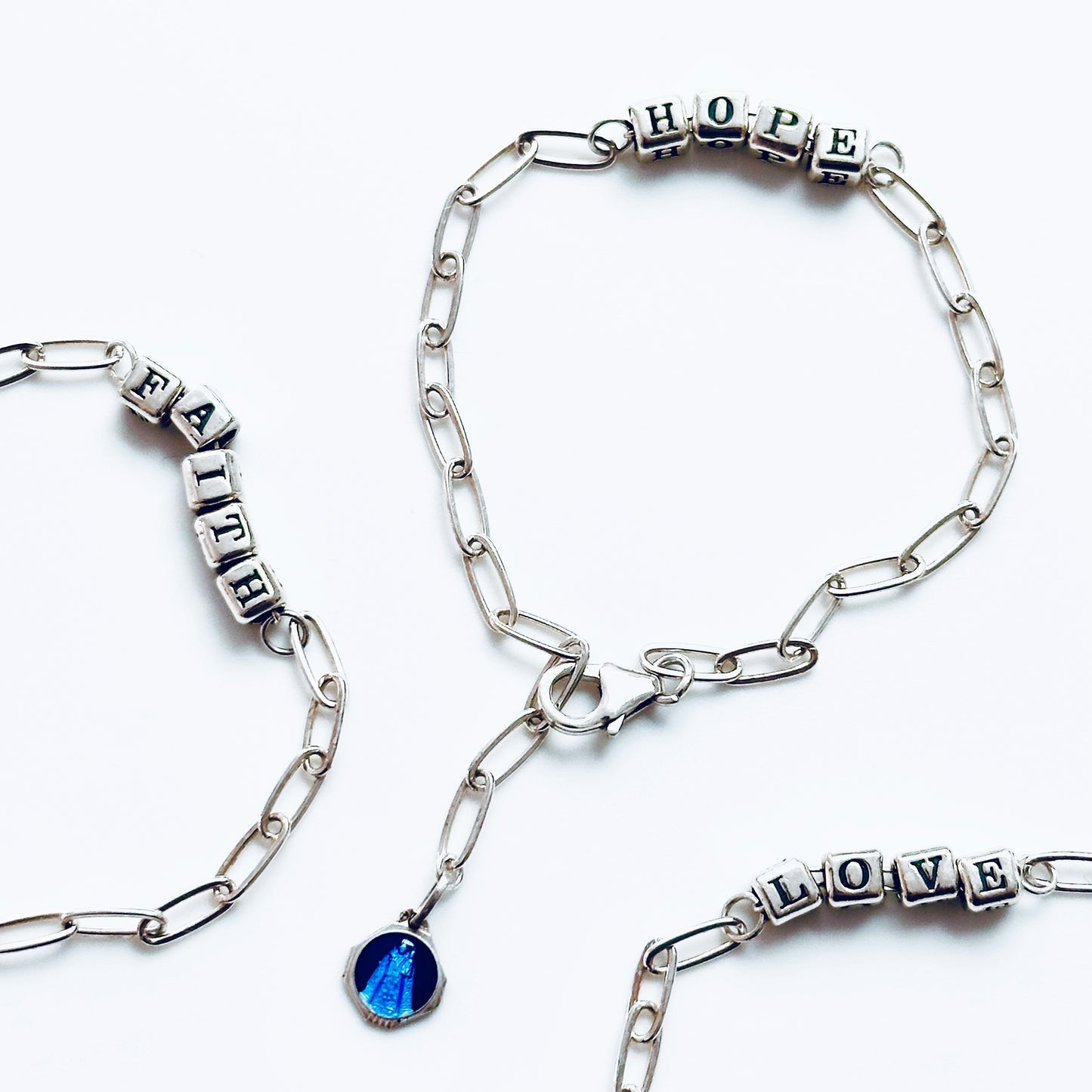 Delicate sterling silver Hope message gift bracelet with vintage blue charm
