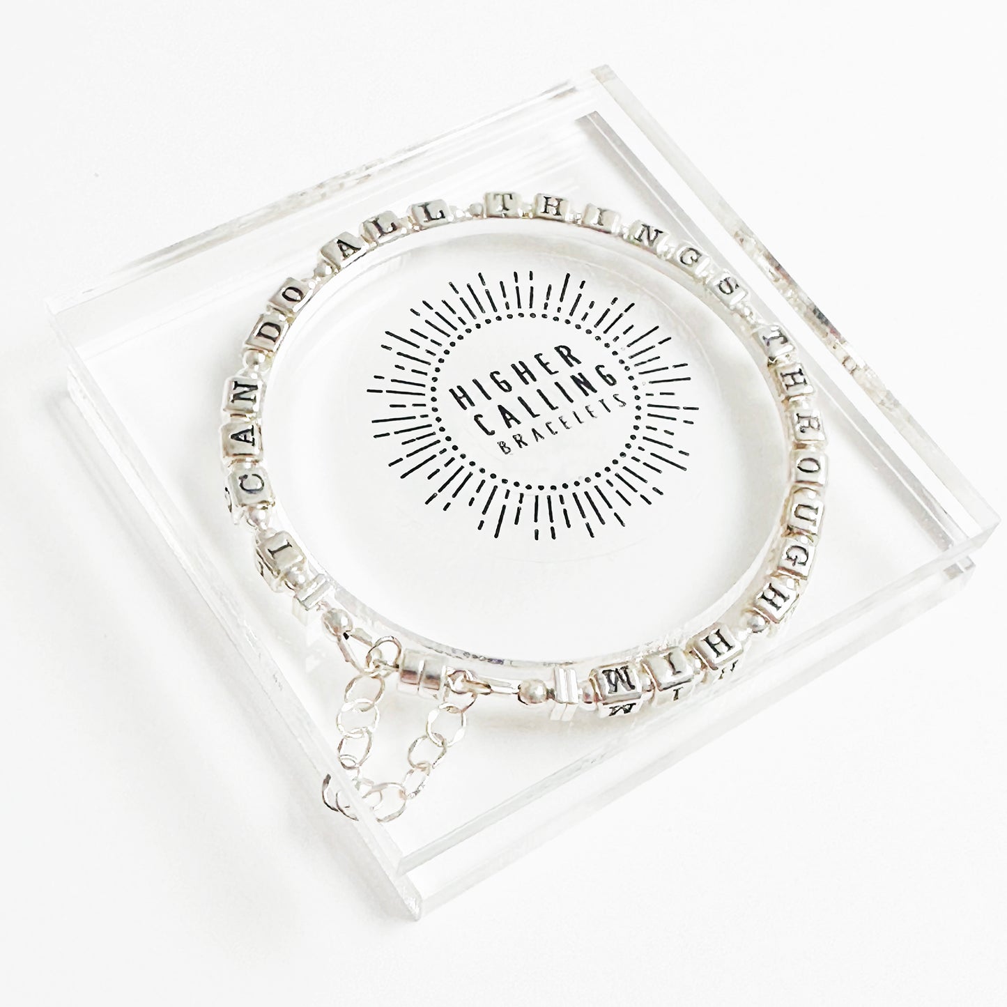 Higher Calling Bracelets package features an acrylic box display