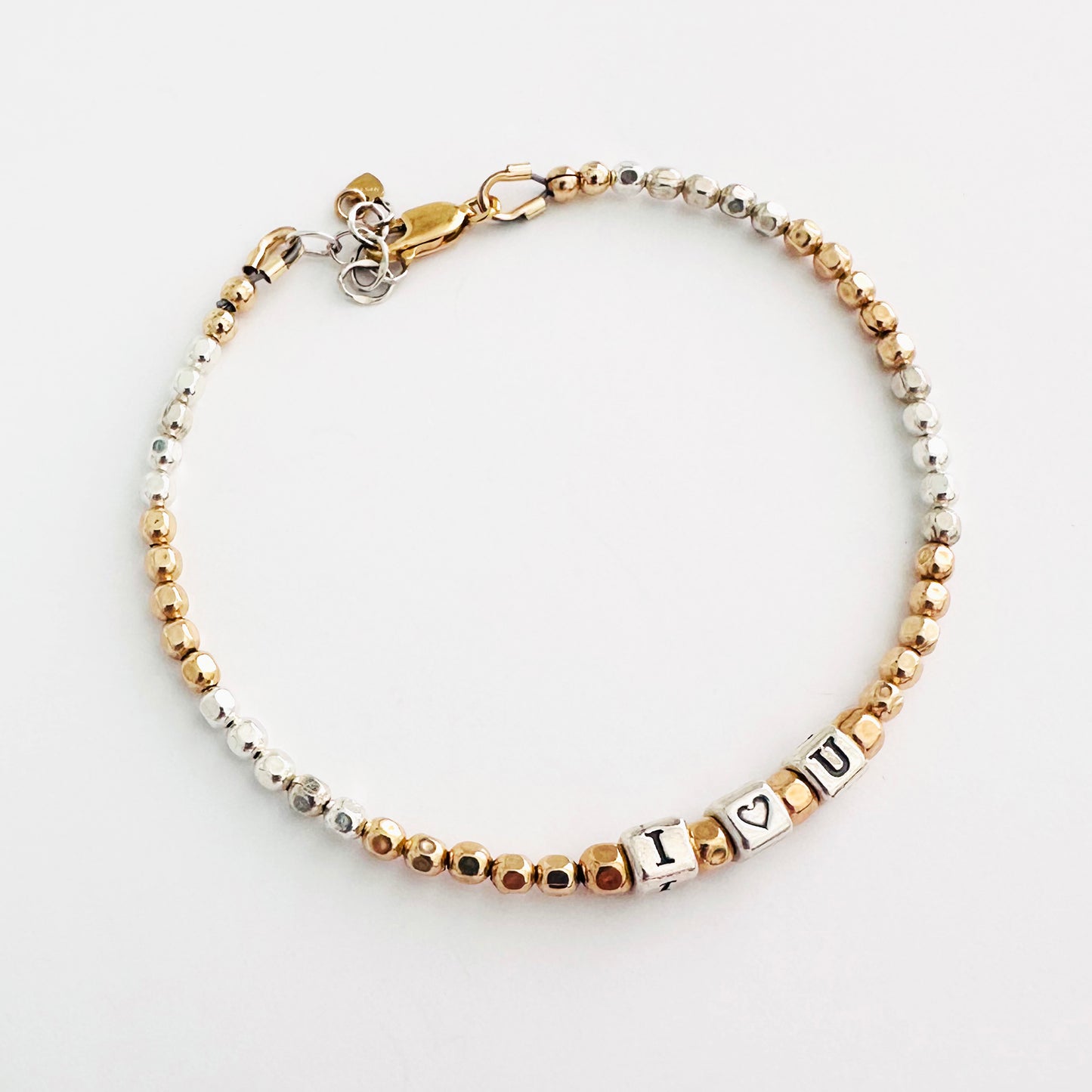 I Heart You Love Bracelet in Sterling Silver letters and 14k gold beads