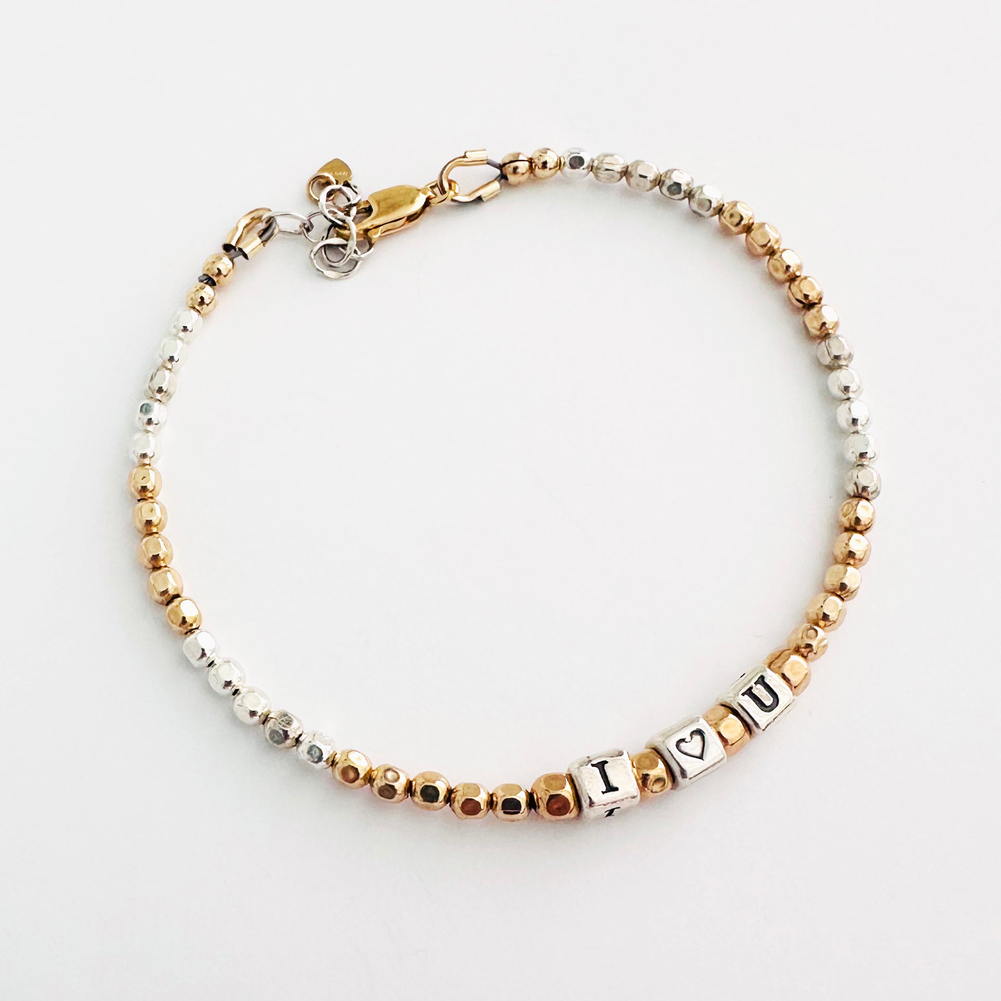 I Heart You Love Bracelet in Sterling Silver letters and 14k gold beads