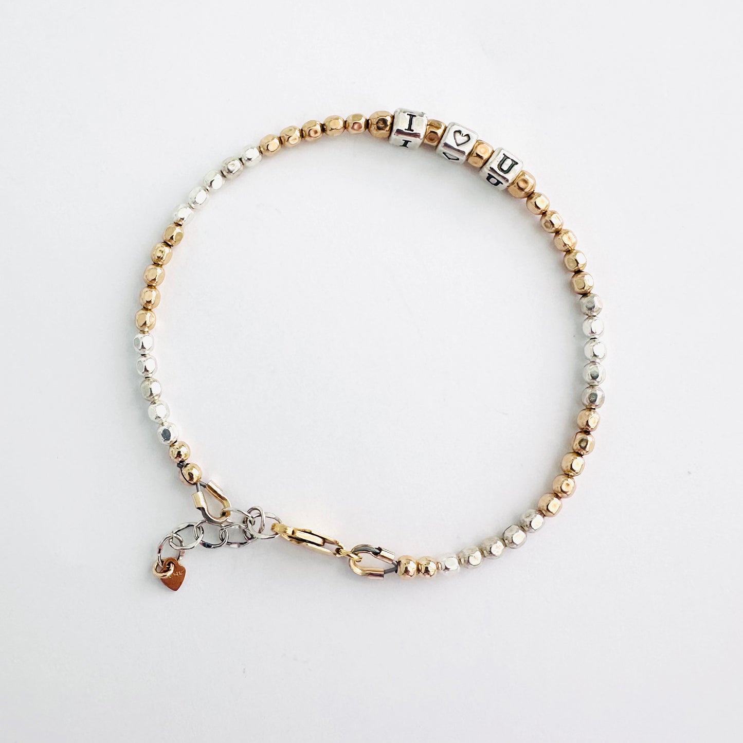 I Heart You Love Bracelet in Sterling Silver letters and 14k gold beads