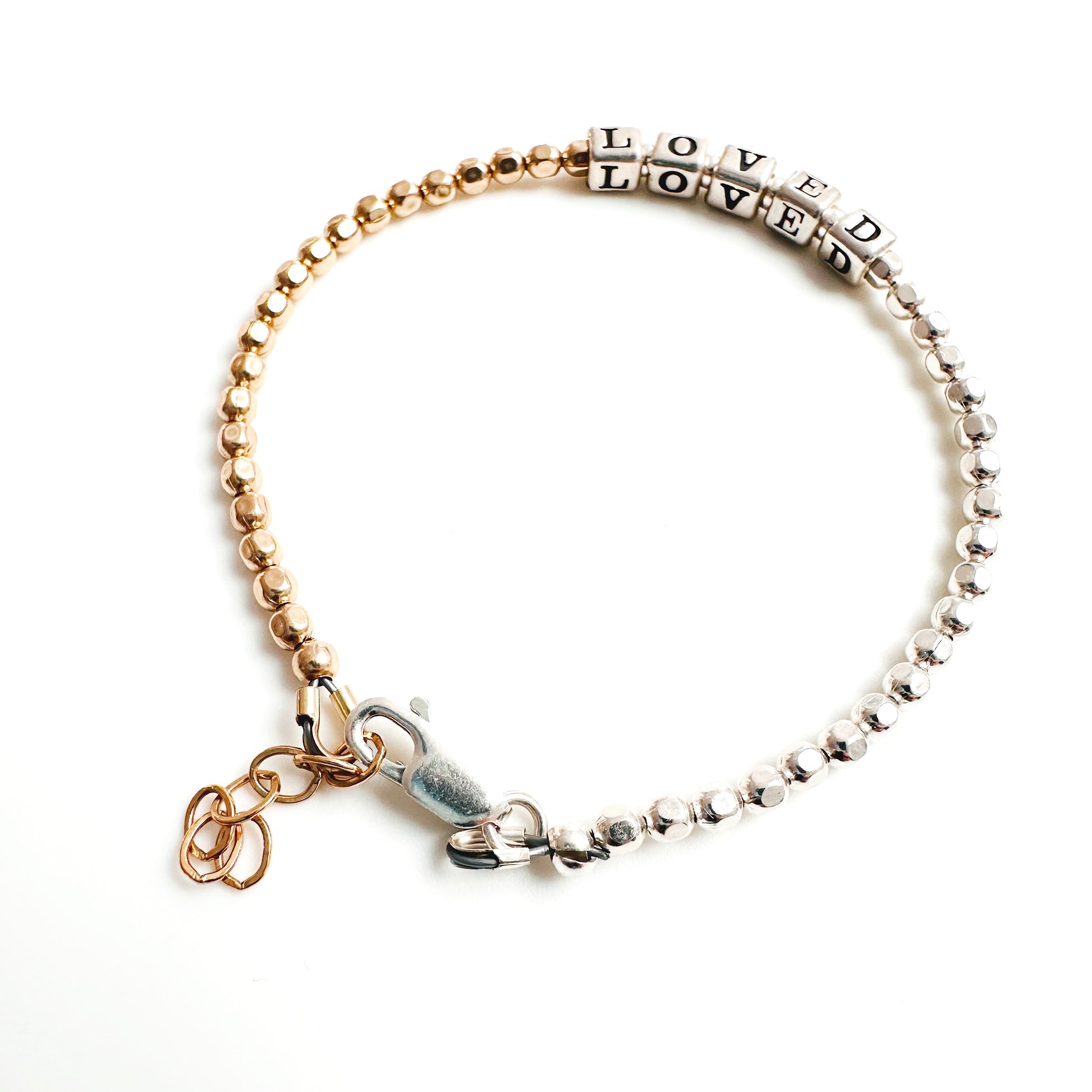 LOVED beaded Friendship bracelet in sterling silver and 14k gold, for mother, wife, girlfriend, sister, teacher, grandma