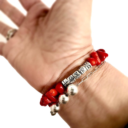 Red Love Stretch Bracelet in Sterling Silver and Coral Beads for Valentines or Mothers Day