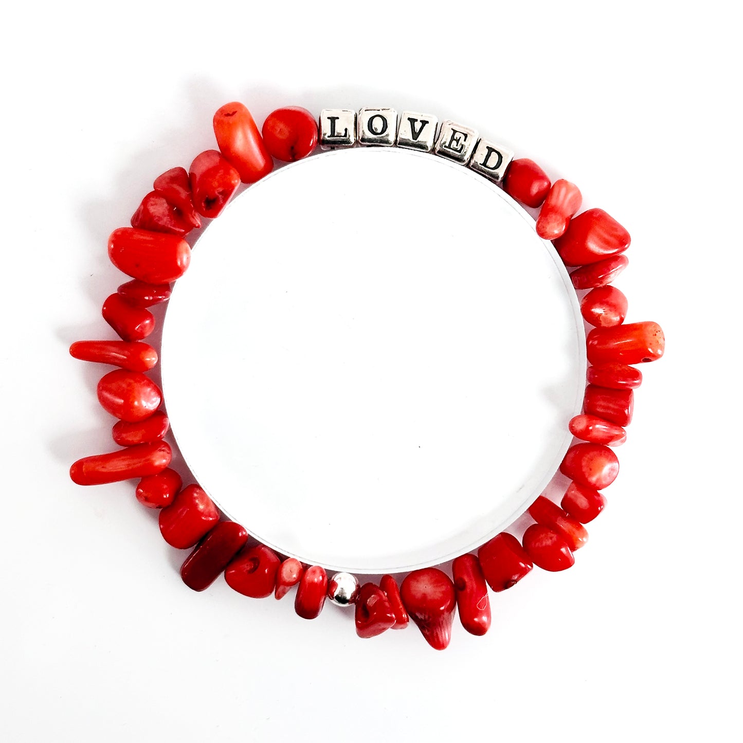 Red Love Stretch Bracelet in Sterling Silver and Coral Beads for Valentines or Mothers Day