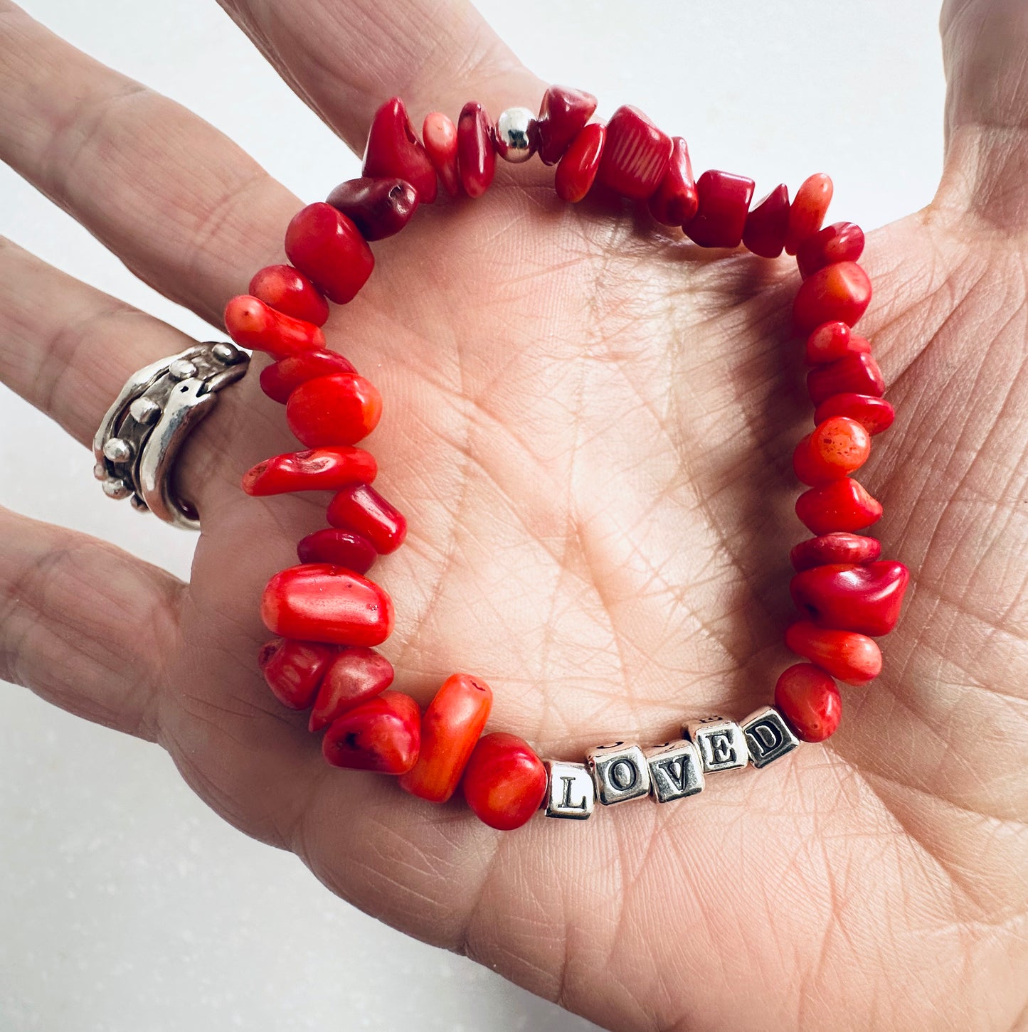 Red Love Stretch Bracelet in Sterling Silver and Coral Beads for Valentines or Mothers Day