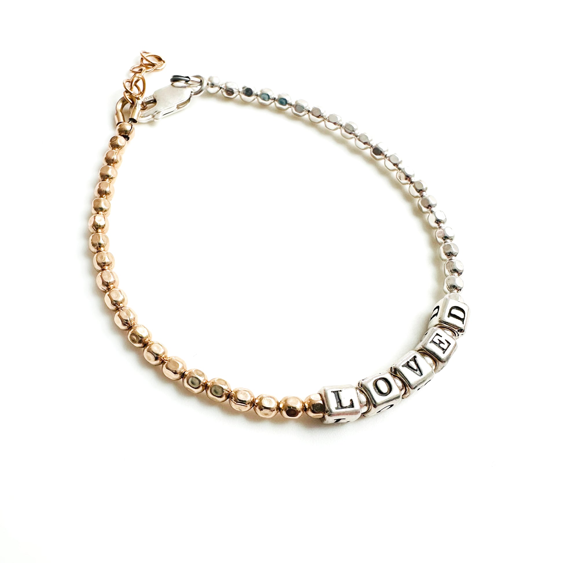 LOVED beaded Friendship bracelet in sterling silver and 14k gold, for mother, wife, girlfriend, sister, teacher, grandma