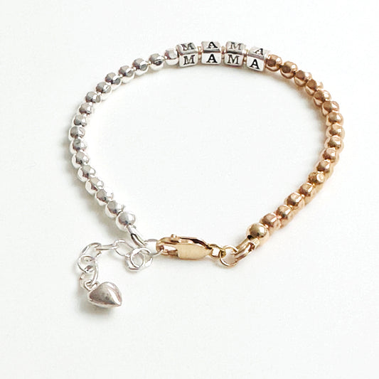 Mama Mother's Day word and heart bracelet in sterling silver and 14k mixed metals
