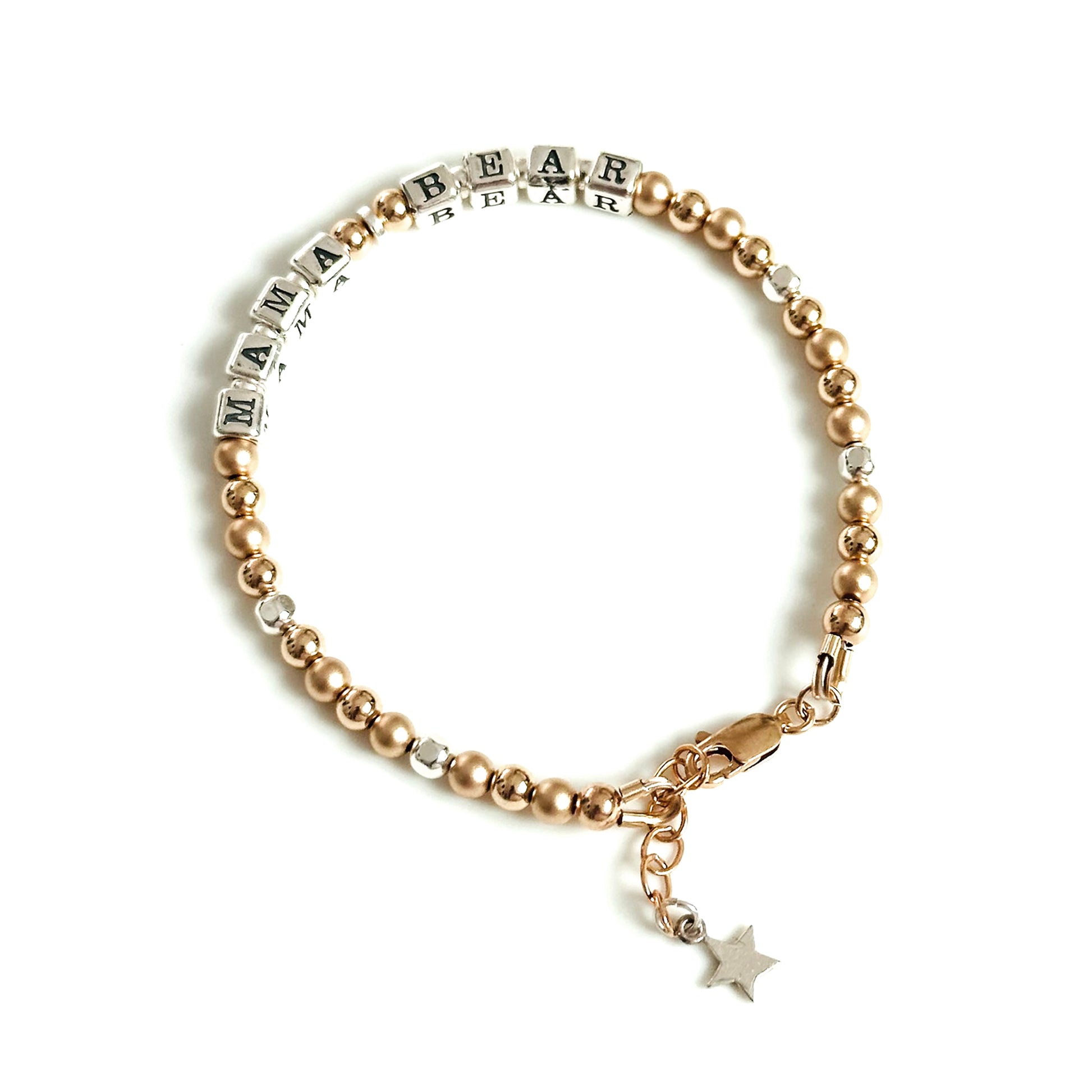 Mama Bear Sterling Silver and 14K Gold beaded bracelet with star charm 