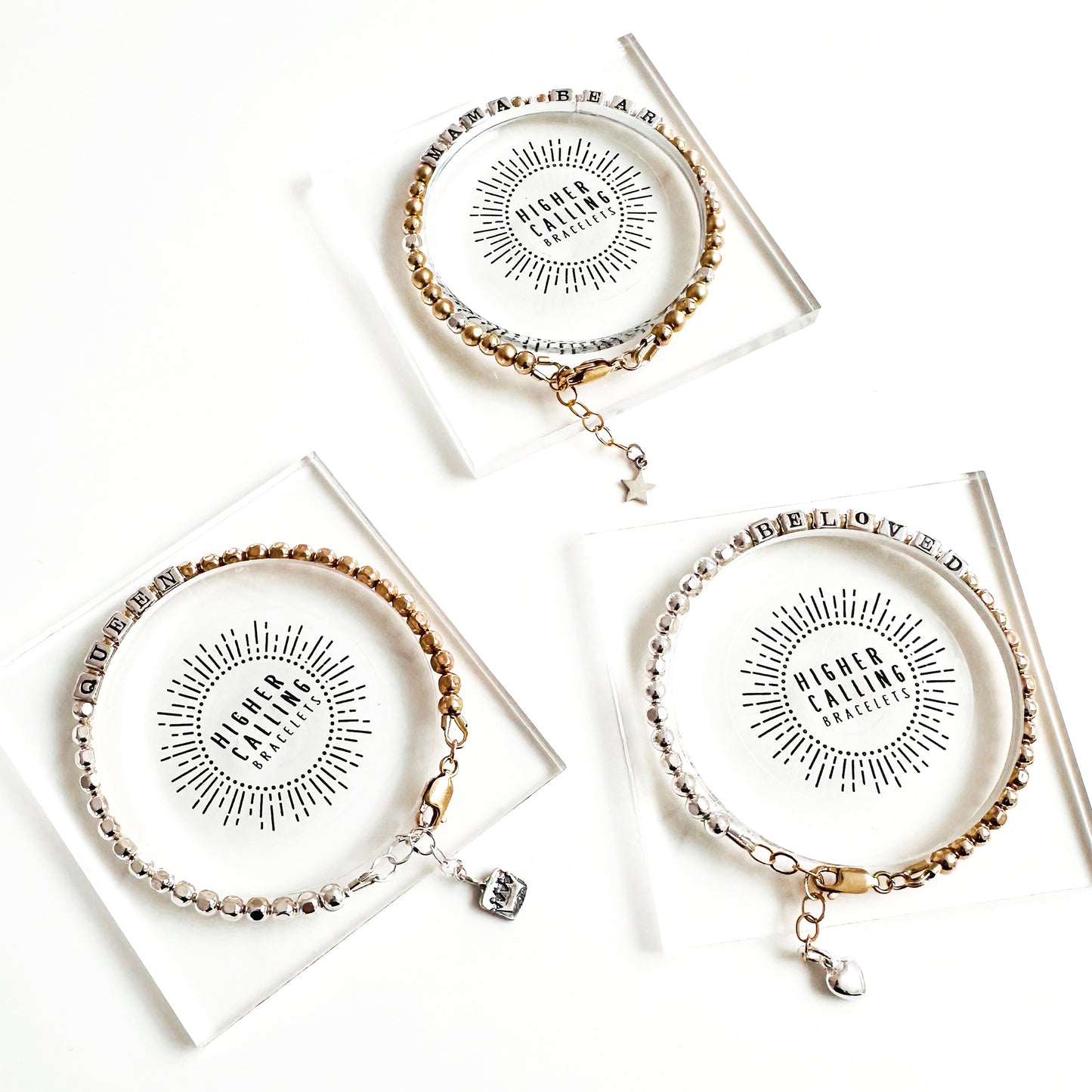 Special Mother's Day jewelry shown in gift packaging from Higher Calling Bracelets