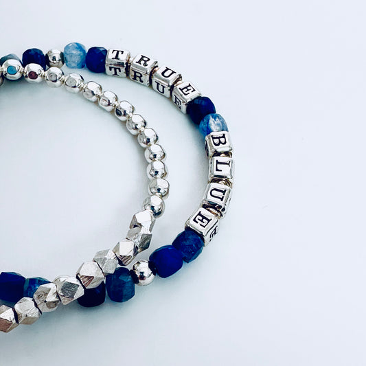 True Blue Sterling Silver Engraved Message Bracelet with Blue Kyanite and Lapis Beads