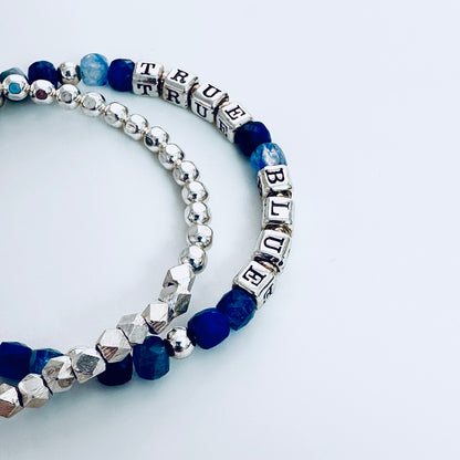 True Blue Sterling Silver Engraved Message Bracelet with Blue Kyanite and Lapis Beads