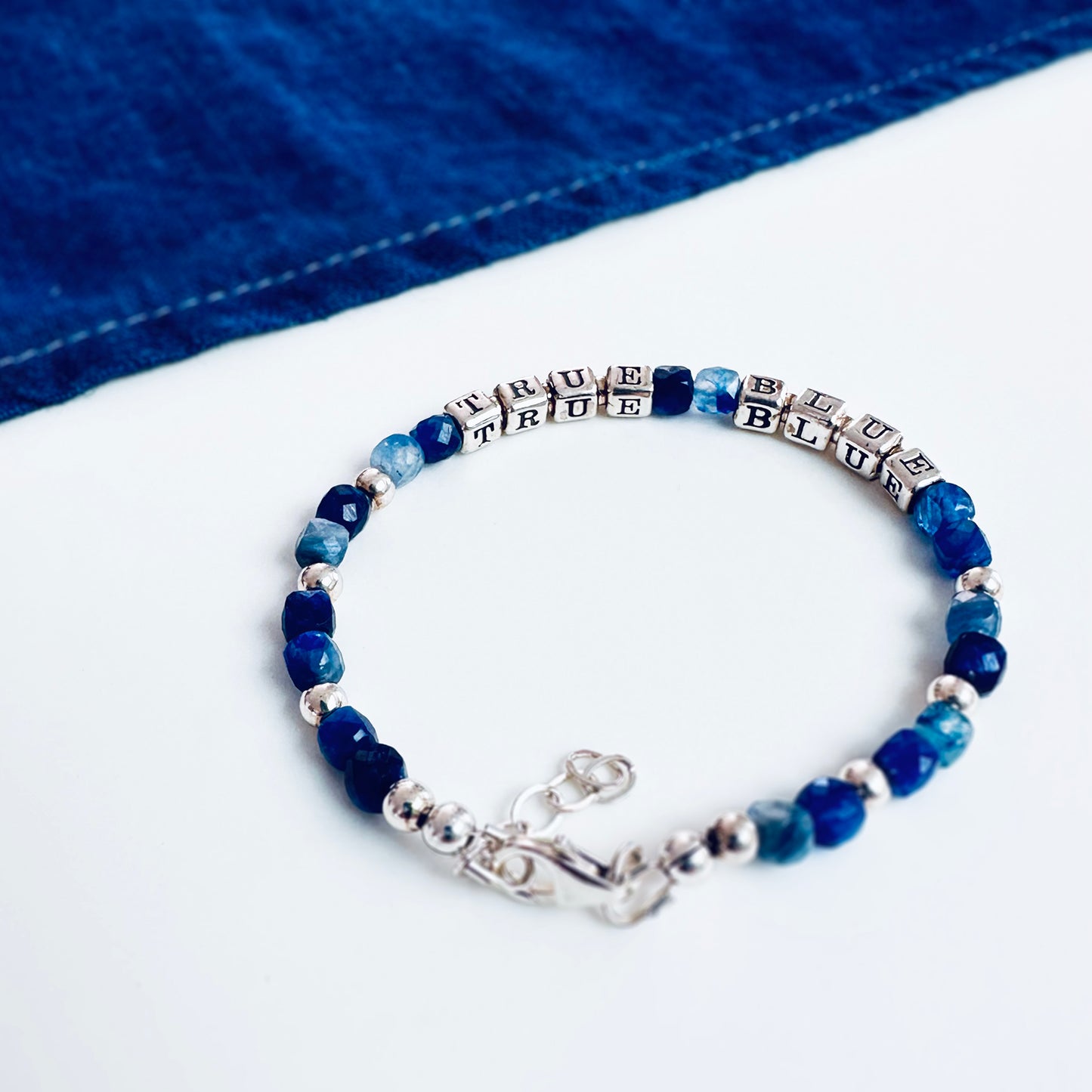 True Blue Bridal Party Friendship Sterling Silver Engraved Message Bracelet with Blue Kyanite and Lapis Beads
