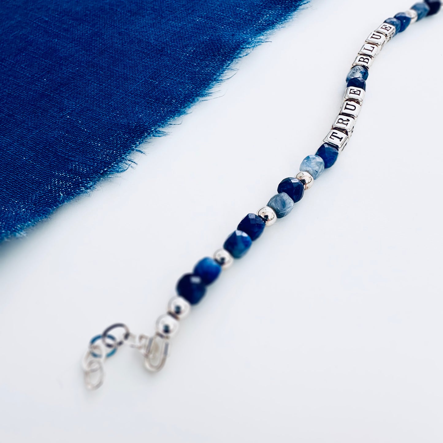 True Blue Sterling Silver Engraved Message Bracelet with Blue Kyanite and Lapis Beads