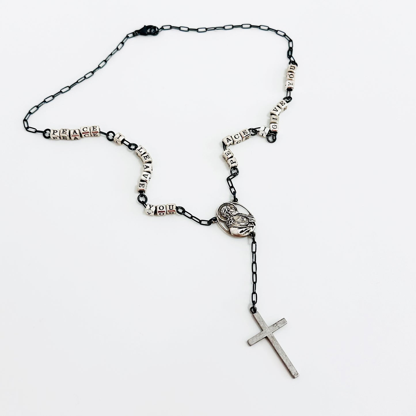 Christian Peace Promise Rosary Necklace inspired by Bible Verse John 14:27 