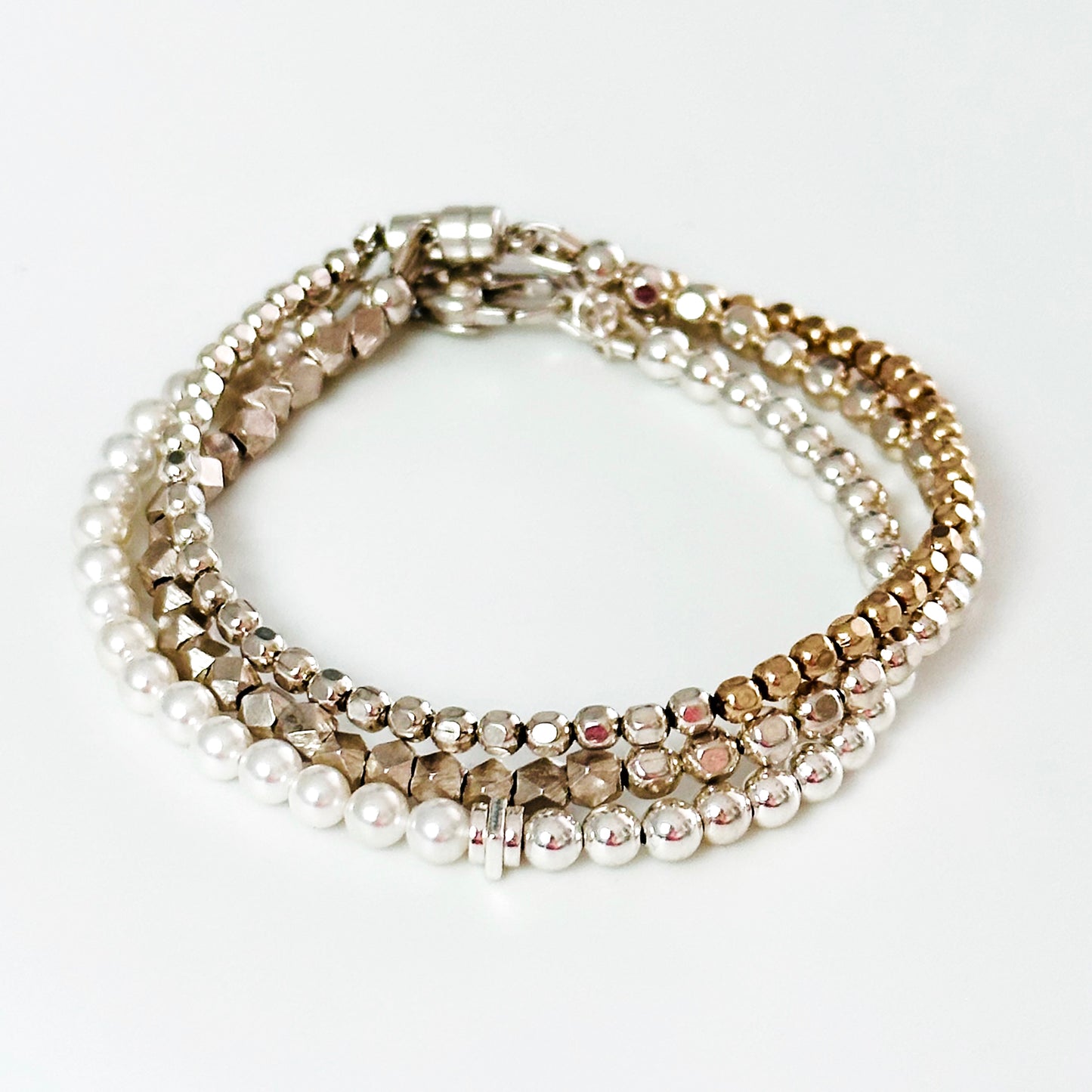 Pearl, Sterling Silver and 14k gold beaded stacking bracelets