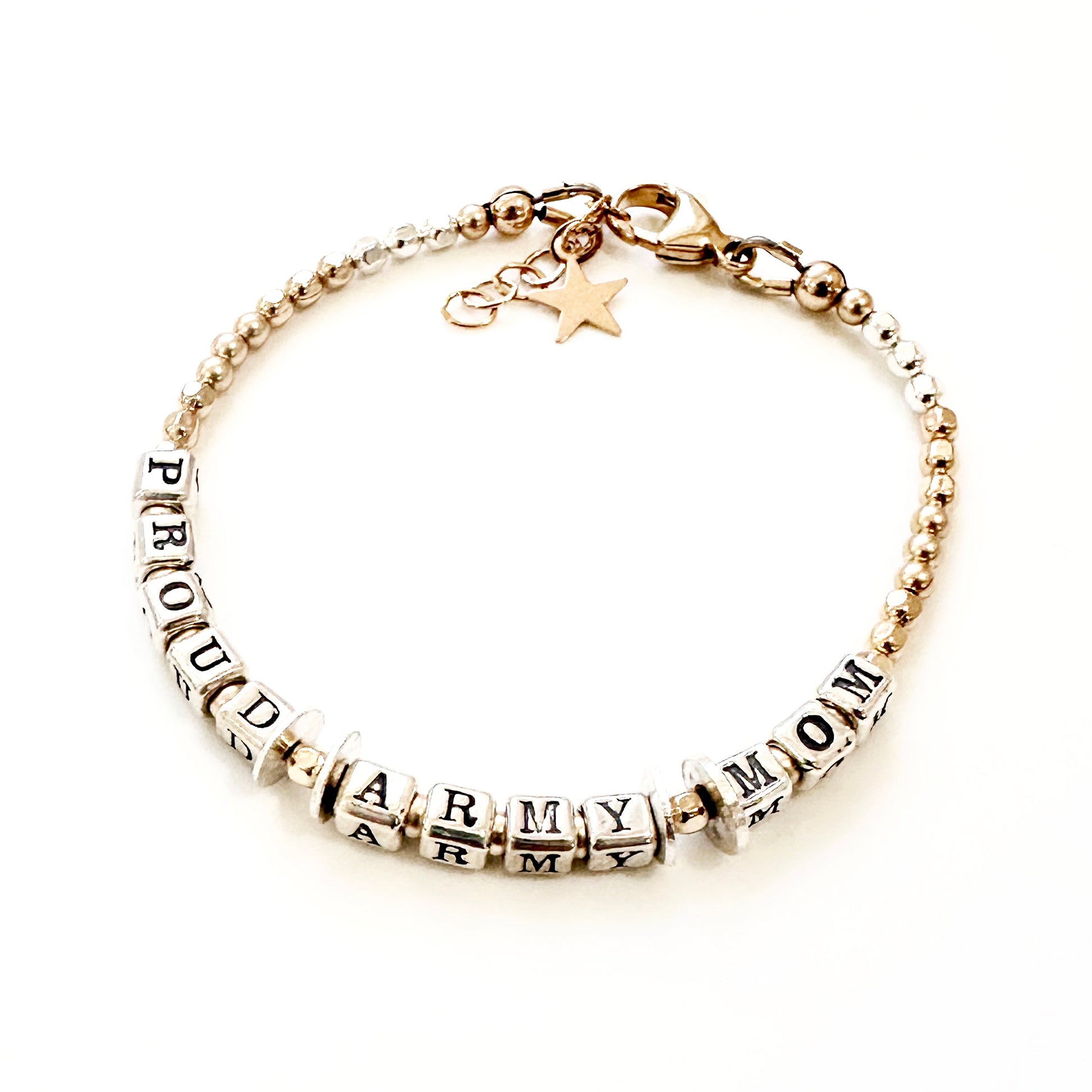 Military Mom Gift Bracelet in Sterling silver and 14k gold filled components says "Proud Army Mom."