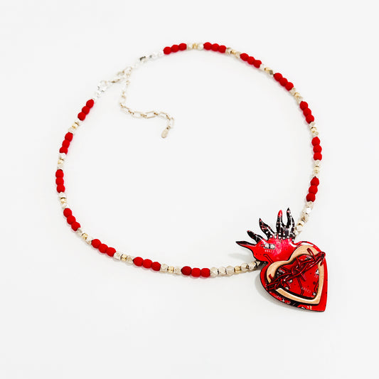 Statement necklace featuring red heart made from a circuit board, and red and sterling silver beads