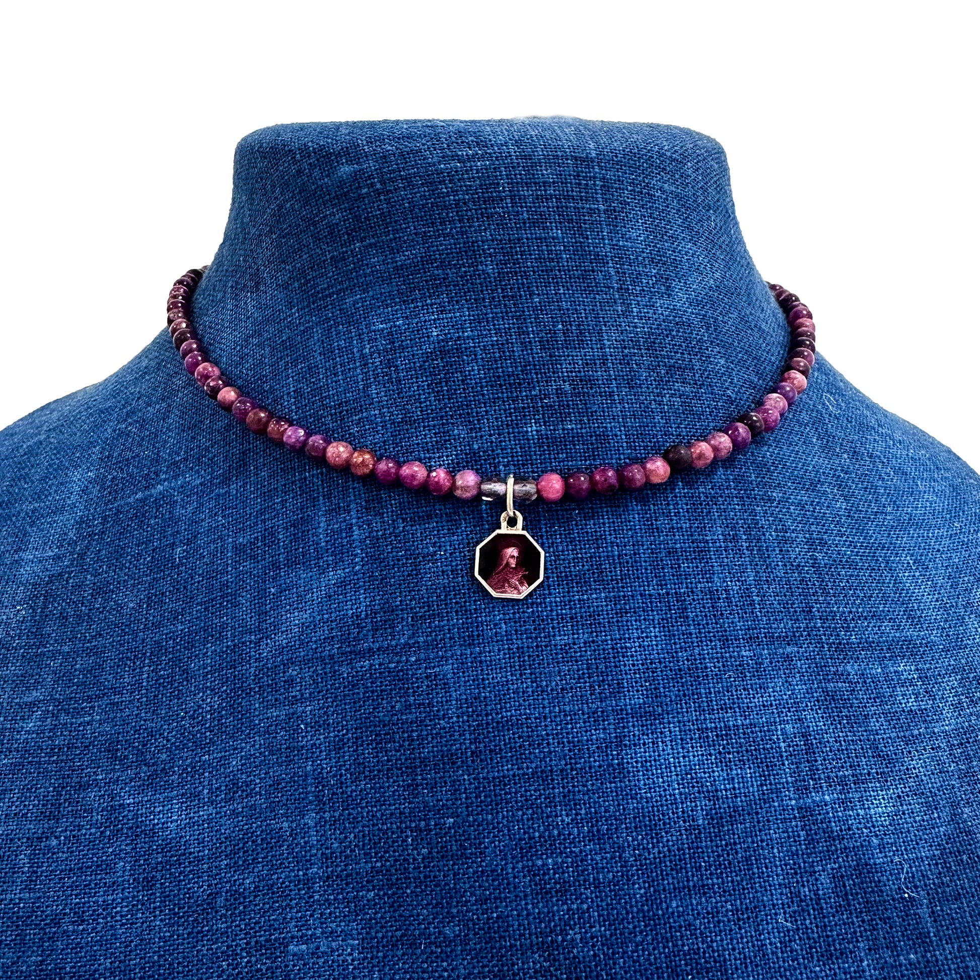 Adjustable St. Therese de Lisieux Purple Necklace; Catholic Religious Necklace  in sterling silver and purple enamel with purple beads and sterling silver flower detail at 14" length