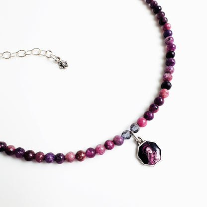 St. Therese de Lisieux Purple Necklace in sterling silver and purple enamel with purple beads and sterling silver flower detail