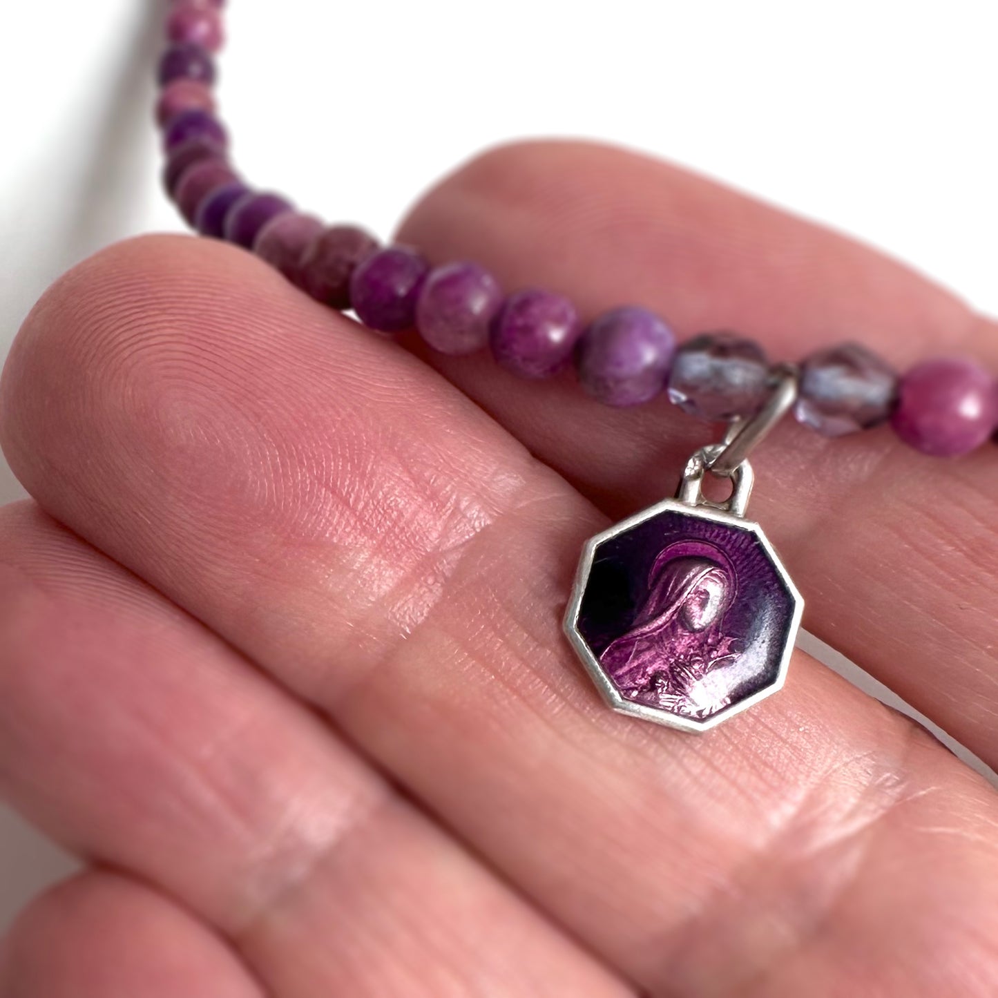 St. Therese de Lisieux Vintage Purple Necklace; Catholic Religious Necklace  in sterling silver and purple enamel with purple beads and sterling silver flower detail